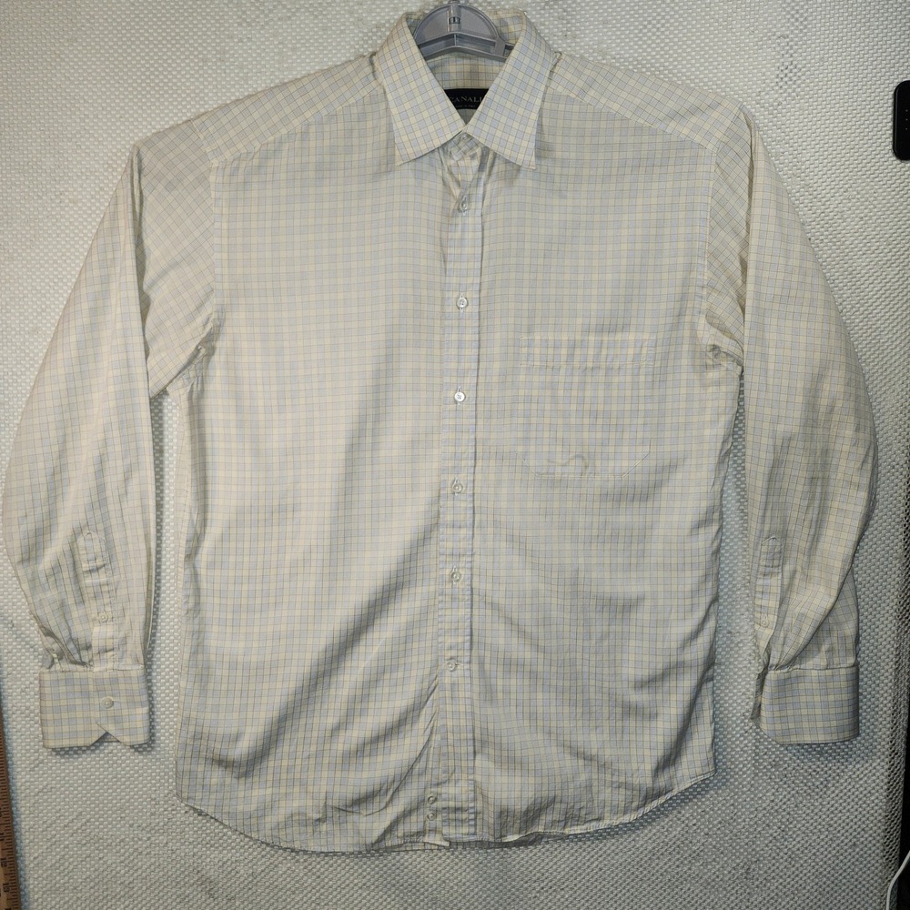 Canali Mens Blue Yellow Grid Gingham Check Shirt Size 16 41 Made in Italy L/S